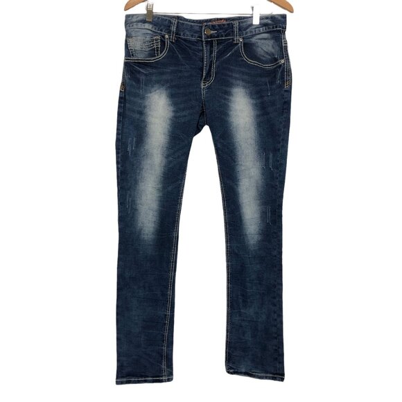 Raw X Mens Jeans 32 Distressed Contrast Double Stitching Stretch Med Dark Wash - Picture 1 of 11